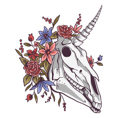 Fototapeta premium Detailed unicorn skull with floral arrangement