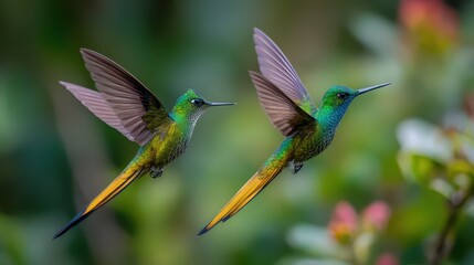 Fototapeta premium Two golden-bellied starfrontlets in mid-flight over a lush green forest at Chicaque Natural Park, Colombia