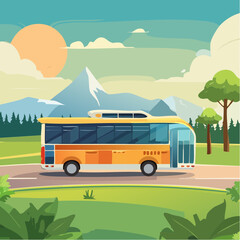 A scenic bus on a road surrounded by mountains and trees, evoking travel and adventure
