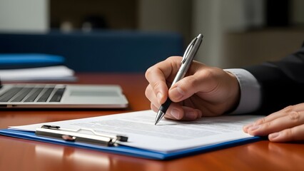 Person's hands diligently write on a professional document secured on a clipboard at a desk.