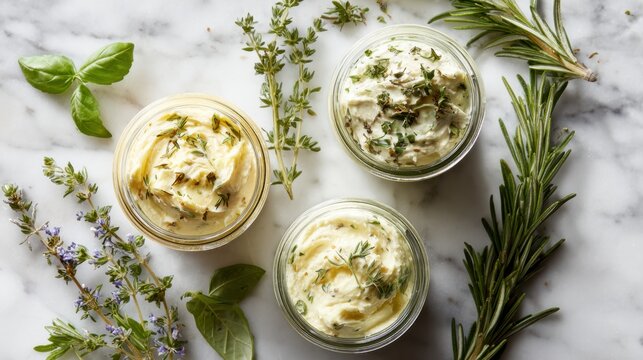 Three jars of freshly made herb butter sit on a marble surface, surrounded by fresh herbs. Each jar contains a different flavor, showcasing the vibrant colors and textures of the spreads.