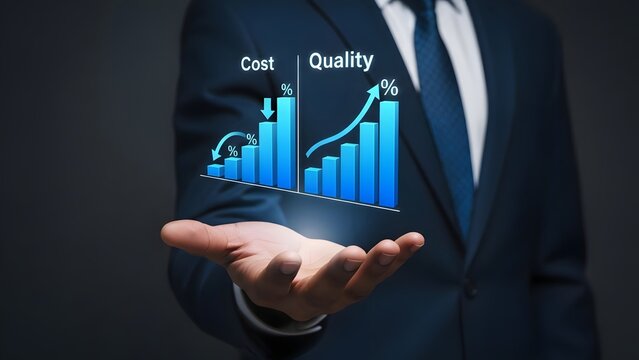 Businessman holds a holographic graph illustrating increased quality and decreased cost.