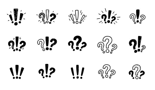 Collection of hand drawn exclamation and question marks in black and white