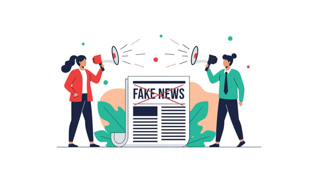 People holding megaphones around a "Fake News" newspaper with a strike-through, symbolizing media literacy, debunking misinformation, and critical thinking.