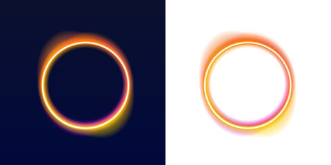 Bright neon circle light effect glows in vibrant yellow tones. Subtle haze surrounds the border adding depth and softness. Great for digital posters and UI highlights. PNG © Extrastock