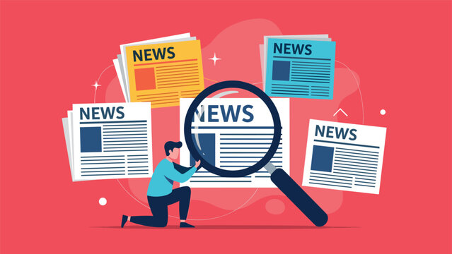 Man using a magnifying glass to read multiple newspapers, symbolizing news research, information gathering, and media analysis.