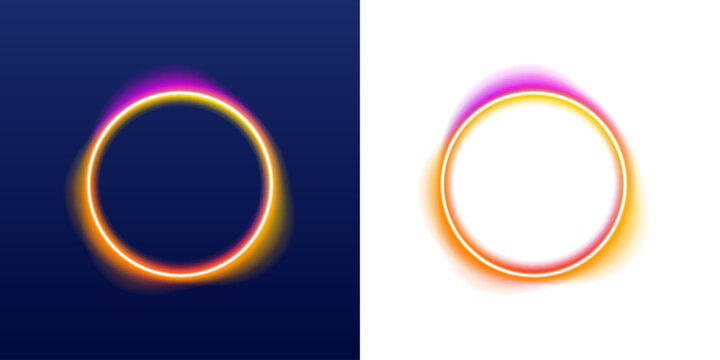 Abstract neon circle radiates vibrant rainbow glow in motion style. Dynamic gradient light trails enhance depth and energy. Great for creative posters and covers.