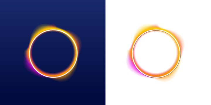 Neon circle frame glows in yellow gradient on dark background. Soft luminous edges create warm emotional mood. Perfect for Valentine designs and cards. PNG