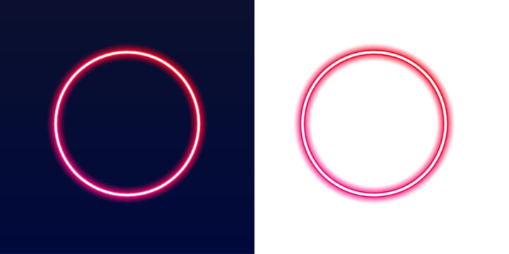 Glowing neon circle frame shines on a deep black background. Smooth gradient lines blend blue, pink, and violet tones. Futuristic abstract border with empty space for text. PNG