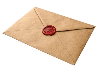 Vintage brown kraft envelope with a red wax seal isolated on a transparent background.