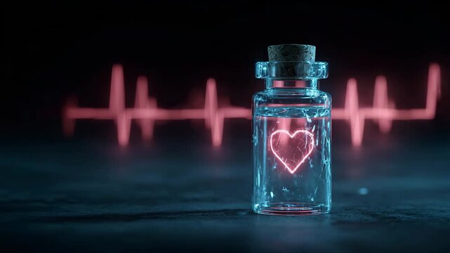 Glass bottle with glowing pink heart and cork stopper on dark background with red heartbeat line