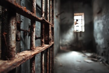 Grunge jail block scene featuring weathered metal bars, bare cell, and shadowed corridors