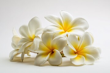 Fototapeta premium White background with fresh frangipani blooms ideal for wedding decor or inserts