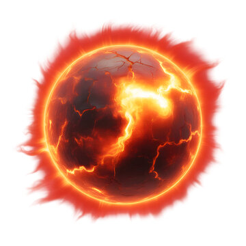 Glowing molten lava planet sphere with fire aura and volcanic surface texture on transparent background representing cosmic energy or fantasy fireball element for gaming and design