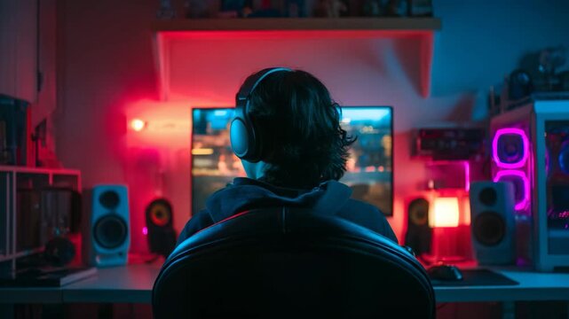 A person wearing headphones sitting in front of a computer with colorful lights