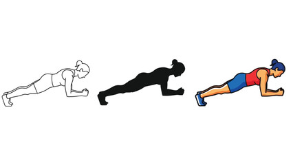 Fototapeta premium Set of three illustrations of a woman performing a forearm plank exercise outline, silhouette and full color version