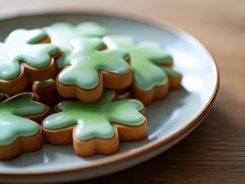 shamrock-shaped cookies with light green icing on a round light blue plate in natural lighting with a warm wooden table background concept of baking st patricks day festive treats