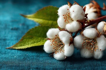Obraz premium White cotton flowers on blue fabric create fresh, cozy spring mood and natural beauty.