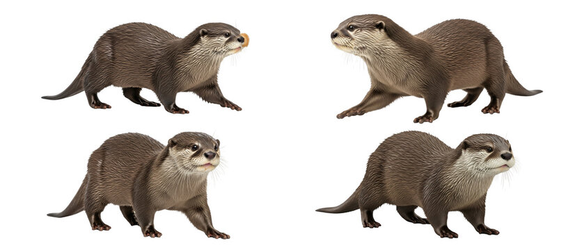 Collection of four smoothcoated otters standing in different poses on a white background.