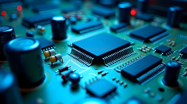 Microcontroller chip mounted on electronic circuit board with components, representing embedded systems, industrial electronics, hardware engineering, and modern computing technology