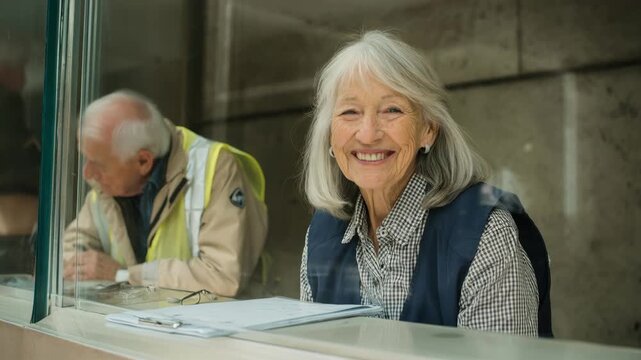 Senior woman security guard, focused and attentive, works at information desk. Older male colleague blurred in background. Public service, assistance, safety.