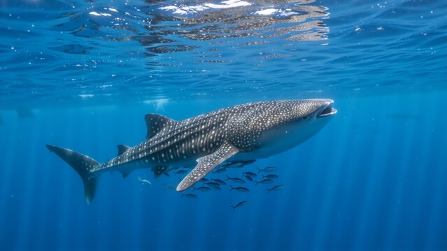Whale shark swimming underwater in the blue ocean. Large filter feeder fish with white spots and sun rays. Marine life and underwater wildlife photography