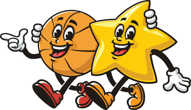 Cartoon of star and basketball mascot walking together