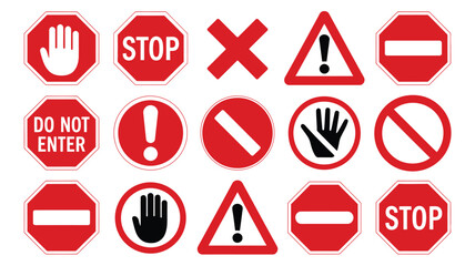 Various stop signs, collection in red and white designed for drivers, traffic safety education, road signage, and transportation-related graphic projects.