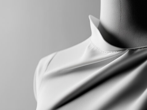 A white blouse with a high collar displayed on a mannequin. The blouse is made of smooth, silky fabric that drapes softly, creating elegant folds. 