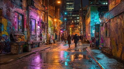Obraz premium Cinematic night scene of graffiti walls in Toronto's Fashion District