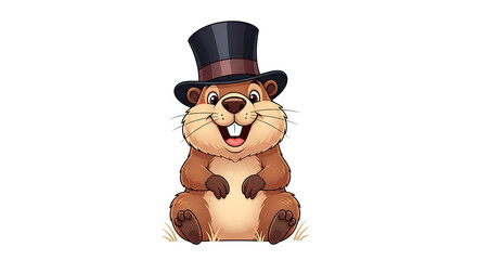 Fototapeta premium Playful Cartoon Groundhog in a Top Hat, Whimsical Illustration, Cheerful Environment