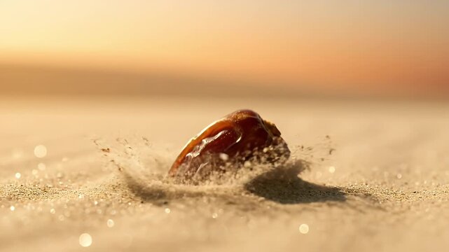 A single brown date fruit hovers elegantly above a textured sandy surface, bathed in a warm, golden sunset glow.