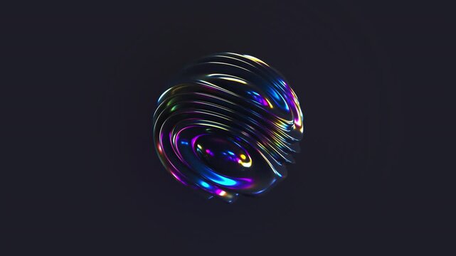 3D iridescent waving sphere. Smooth abstract liquid shape. Vibrant multicolor distorted ball. Trendy smooth surface interference. 4k seamless loop holographic animation.