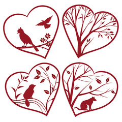 Obraz premium Four intricately designed hearts with birds and flowers in red and black