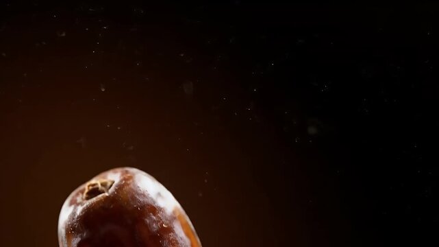 A single, plump brown date fruit is beautifully suspended against a deep, dark background with subtle light reflecting on its surface.