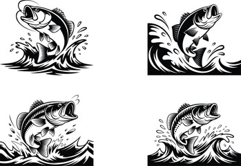 Fototapeta premium Dynamic black and white illustrations of a largemouth bass leaping from splashing waves, capturing the excitement of fishing.