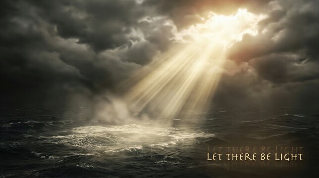 Light breaking through dark clouds over stormy ocean waves, biblical creation myth concept, let there be light from Old Testament for Genesis
