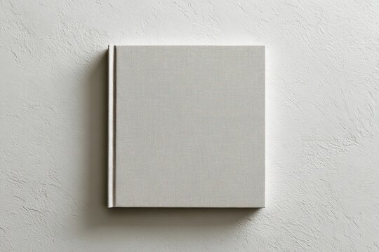 Minimalist top-down photograph of a closed blank square book on textured white paper