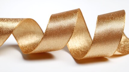 Golden satin ribbon isolated on white background for festive decor