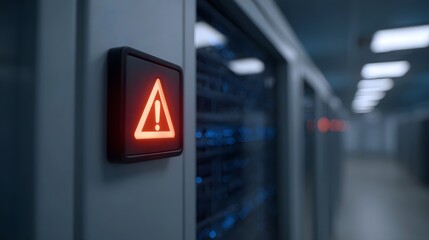 Naklejka premium Red warning sign with an exclamation mark illuminates in a server room signaling a system alert