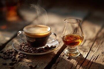 Fototapeta premium Still life of a coffee cup, cognac glass, and coffee beans on a wooden table under warm light
