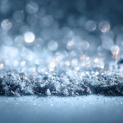 A close-up view of sparkling snowflakes on a dark surface with bokeh lights