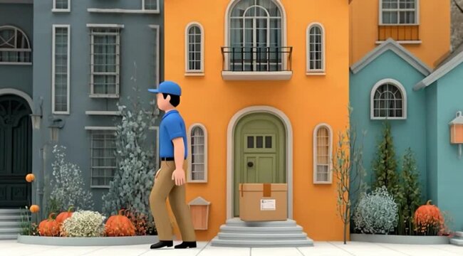 Ilustra&ccedil;&atilde;o de entregador deixando pacote na porta da casa, conceito de delivery, com&eacute;rcio eletr&ocirc;nico, log&iacute;stica residencial e conveni&ecirc;ncia urbana
