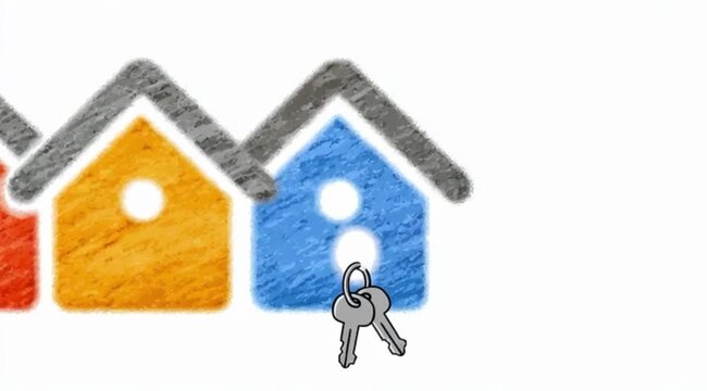 Ilustra&ccedil;&atilde;o de casas com chaves simbolizando casa pr&oacute;pria, compra, venda e aluguel de im&oacute;veis, conceito imobili&aacute;rio moderno de conquista, investimento e moradia