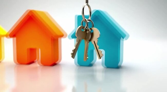 Ilustra&ccedil;&atilde;o de casas com chaves simbolizando casa pr&oacute;pria, compra, venda e aluguel de im&oacute;veis, conceito imobili&aacute;rio moderno de conquista, investimento e moradia