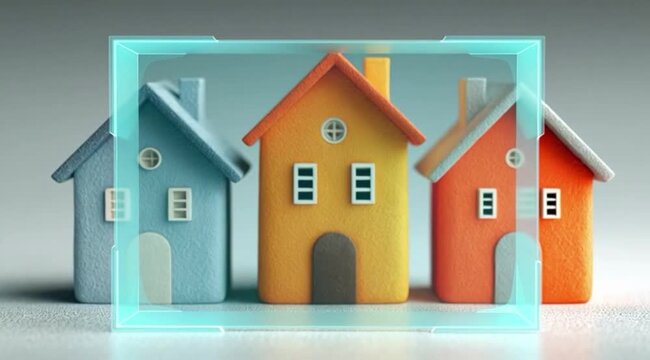 Ilustra&ccedil;&atilde;o de casas com quadro transparente para texto, conceito imobili&aacute;rio residencial, espa&ccedil;o para copy space, marketing de venda e investimento em im&oacute;veis