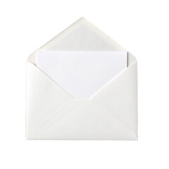white envelope paper envelope with a blank white card inside for mockup isolated on a transparent background.