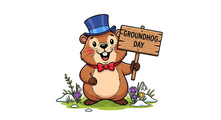 Fototapeta premium Groundhog Day Celebration, Adorable Groundhog, Winter Wonderland, Illustration, Whimsical Environment, Cheerful Viewpoint, Fun Concept
