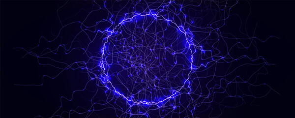 Energy Light Ring Neon Circle Net Web. Magic Portal Hole, Thunder Light Round Lightnin, Lightning Ball. Blue Purple Hole Light, Static Current Effect Background. Vector Illustration © artyway