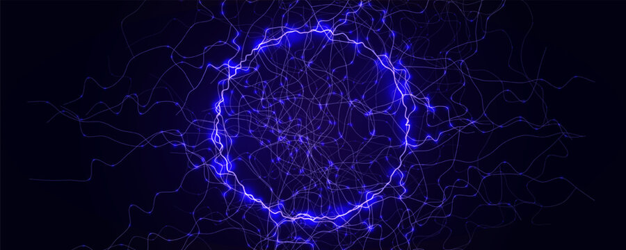 Energy Light Ring Neon Circle Net Web. Magic Portal Hole, Thunder Light Round Lightnin, Lightning Ball. Blue Purple Hole Light, Static Current Effect Background. Vector Illustration